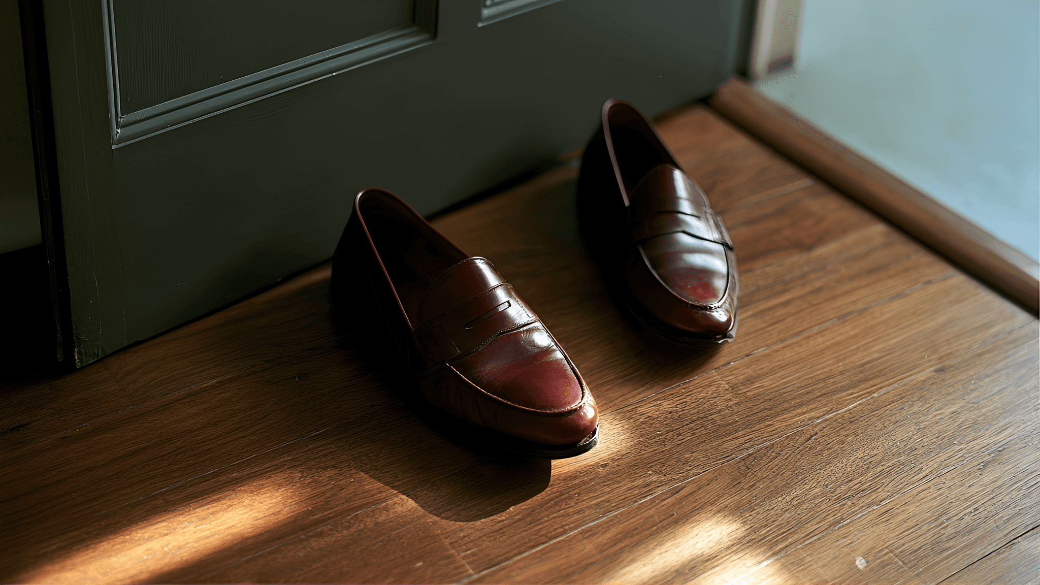 Wine-brown leather loafers beside a grey-green doorway