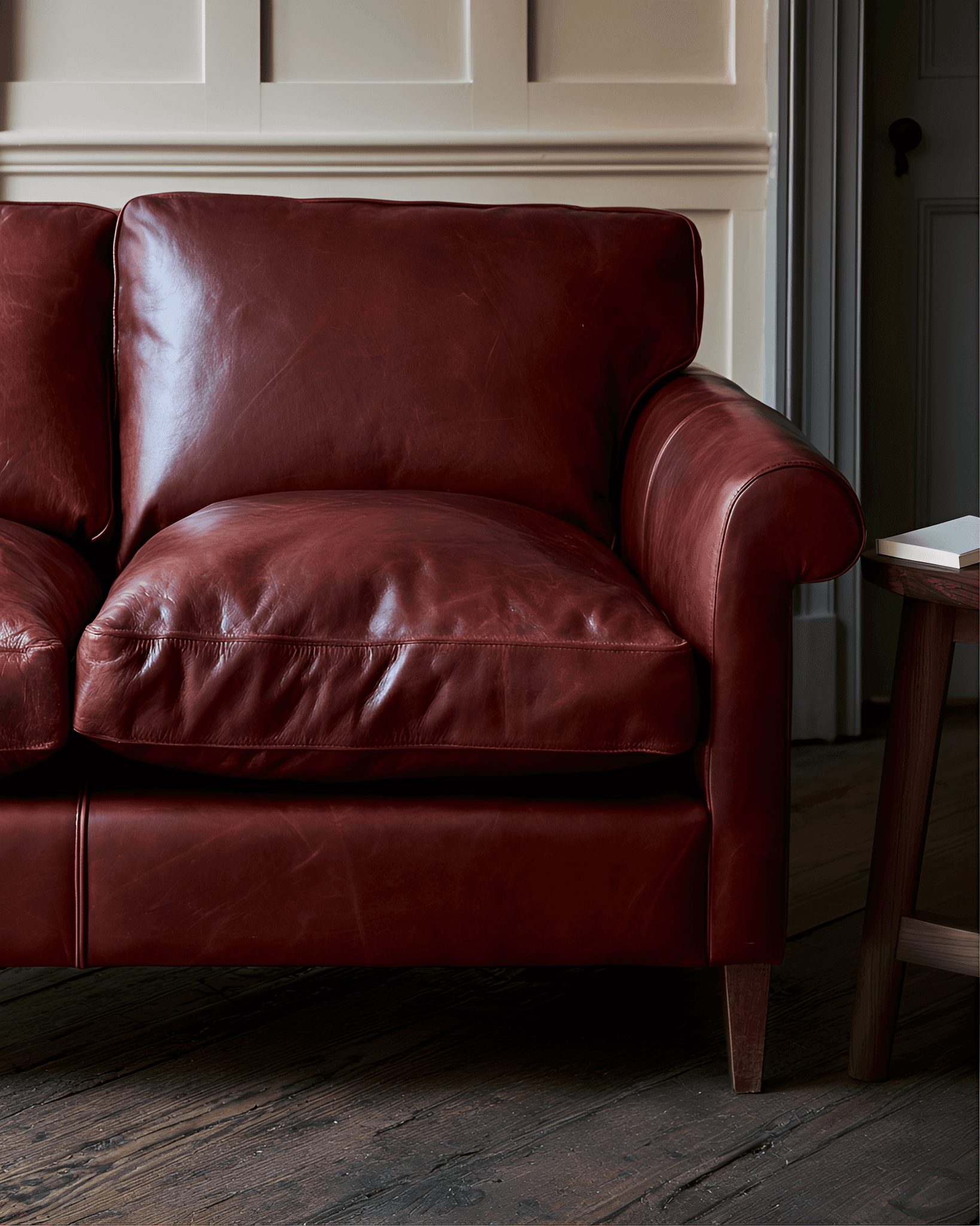 Detail of a wine-red leather seat in soft side light