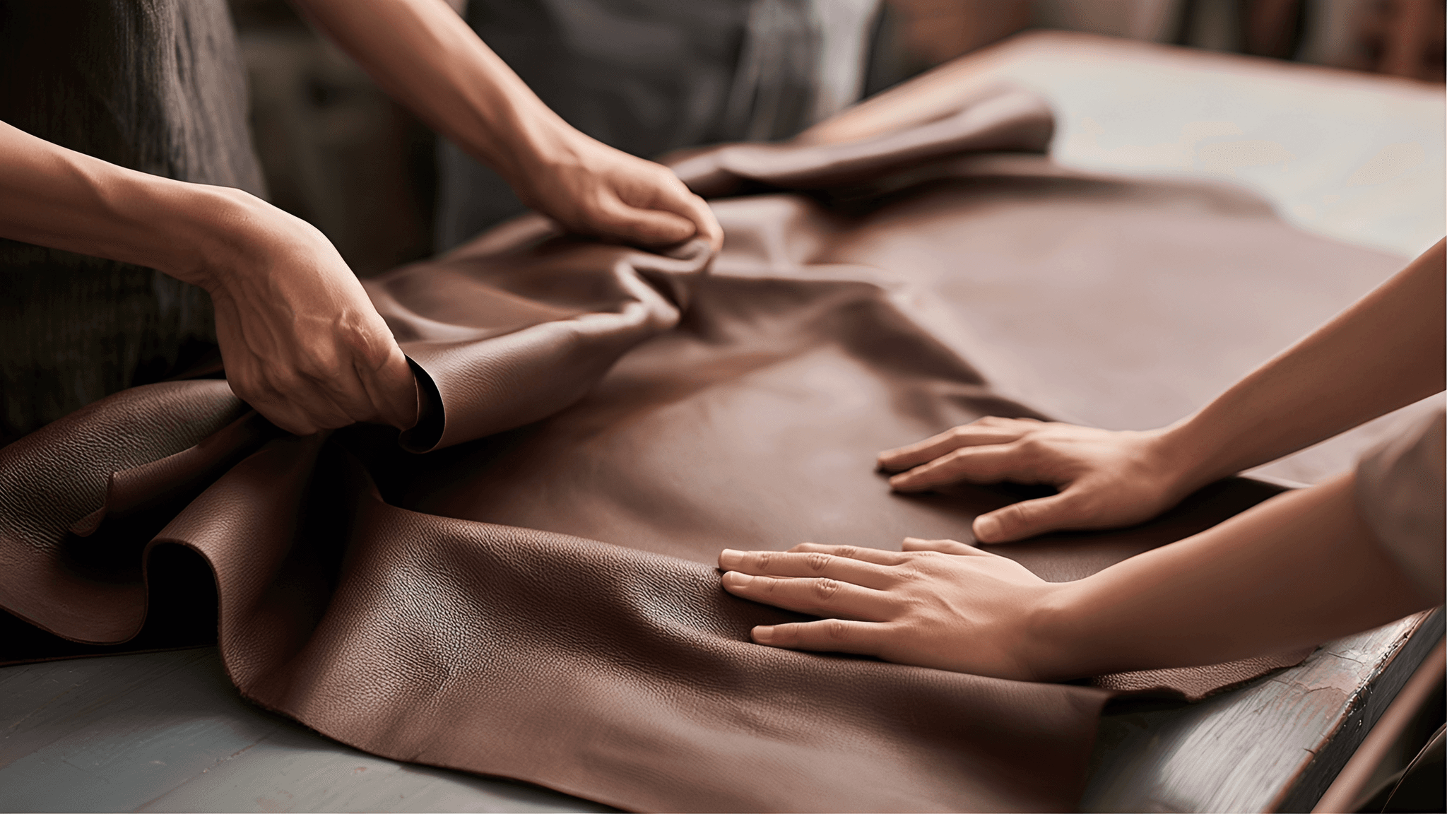 Two people reviewing brown leather at a consultation table
