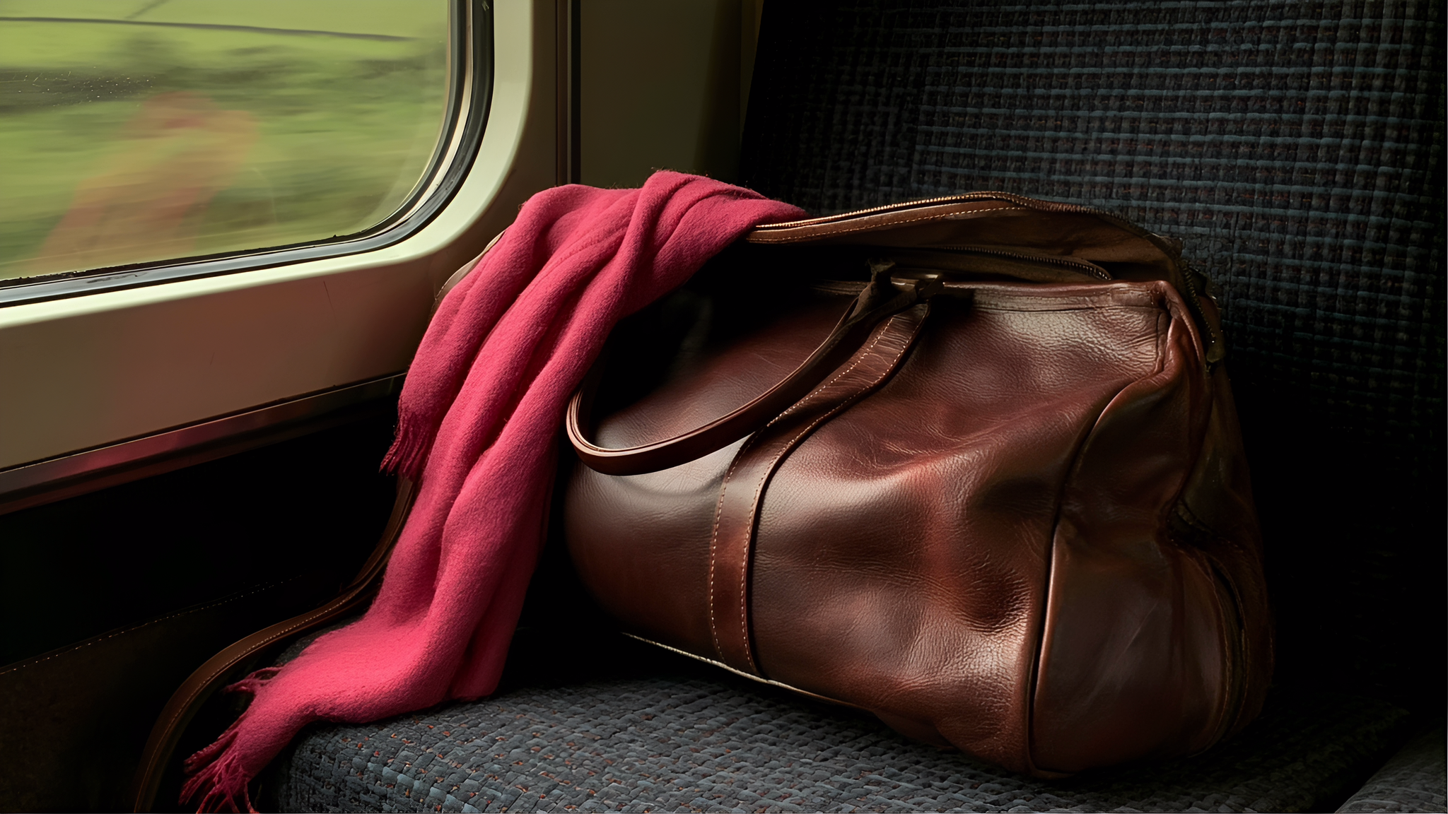 A chestnut leather travel bag and raspberry wool scarf on a blue railway seat beside a passing landscape