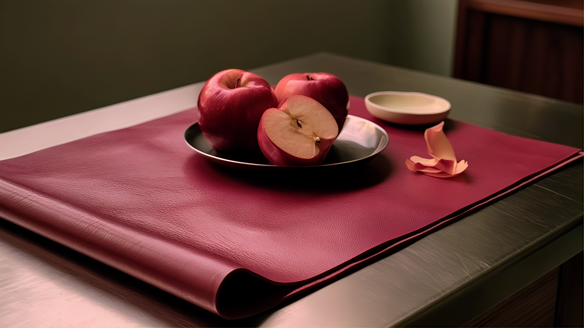 A botanical material concept: red apples, an apple half and curled peel beside a pristine apple-red fine-grain leather sheet