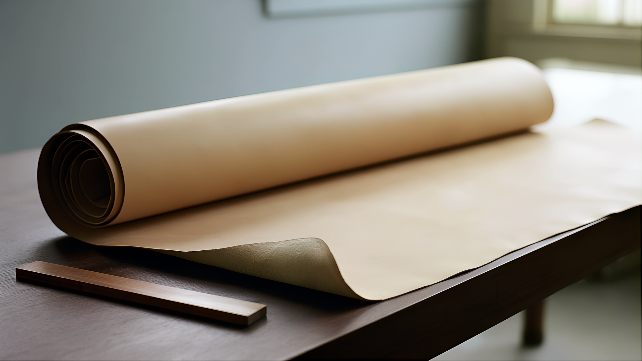 An ivory leather roll with a softly folded edge on a walnut table