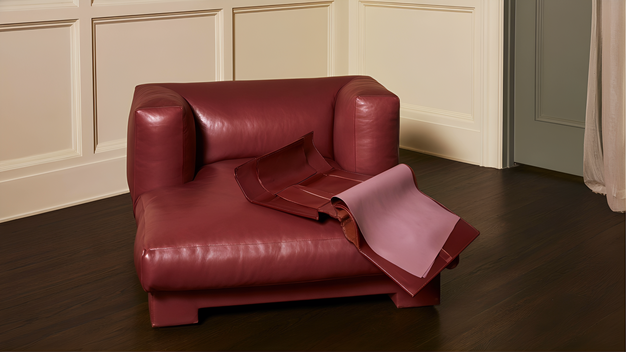 An oxblood leather armchair and an open material folio in a panelled room