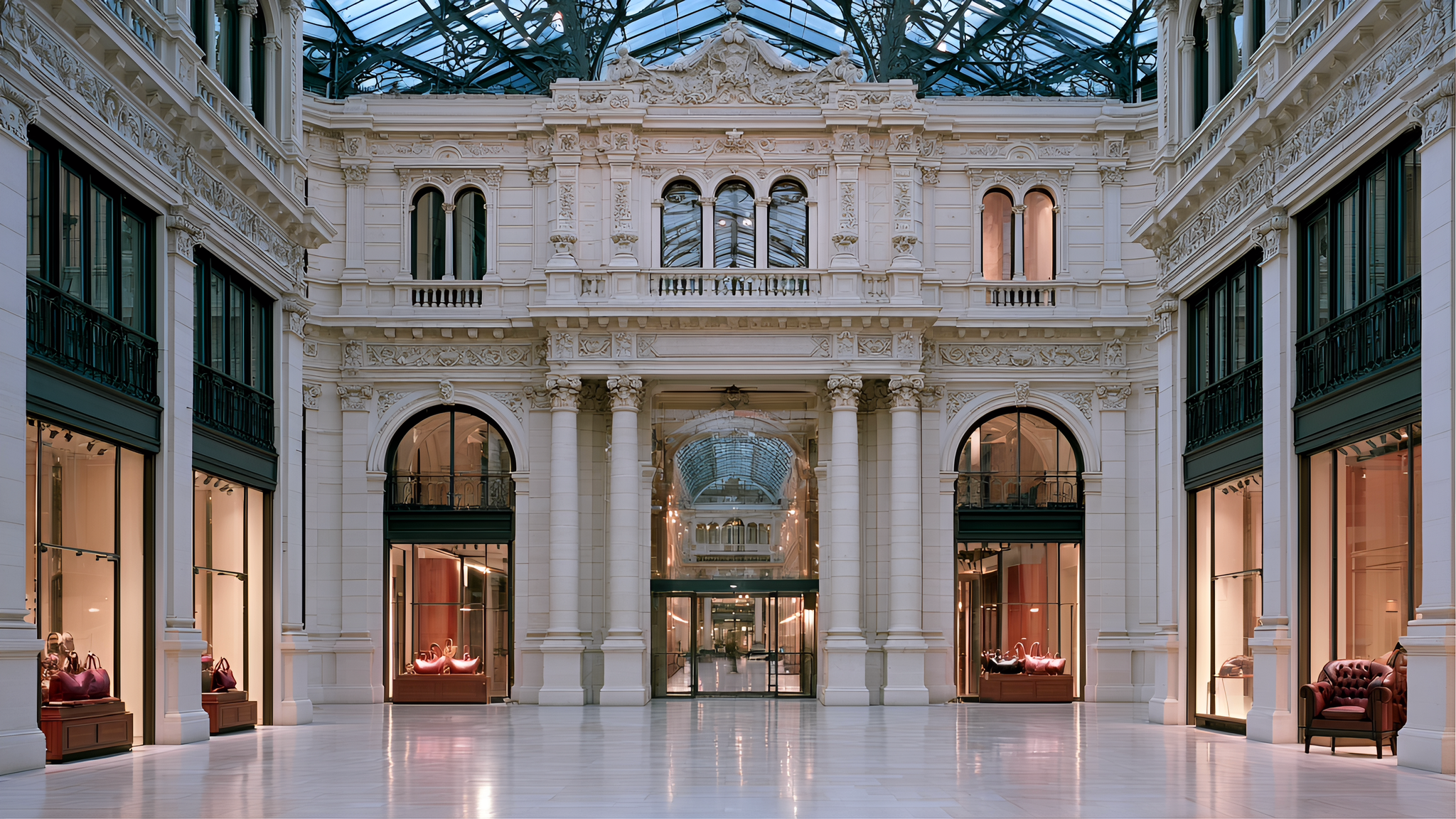 Leather boutique windows beneath a vaulted glass roof and a layered cream-stone arcade facade
